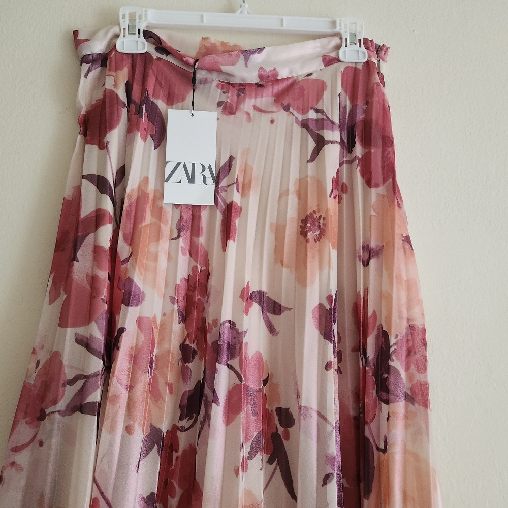 Zara floral pleated midi skirt multicolored pink BNWT - Picture 10 of 14